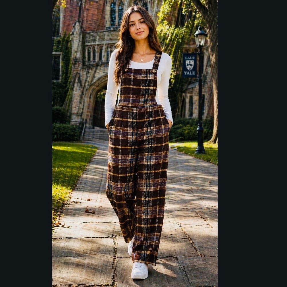 Cider Brown Plaid Wide Leg Overalls XL Dark Academia Checkered Dungarees